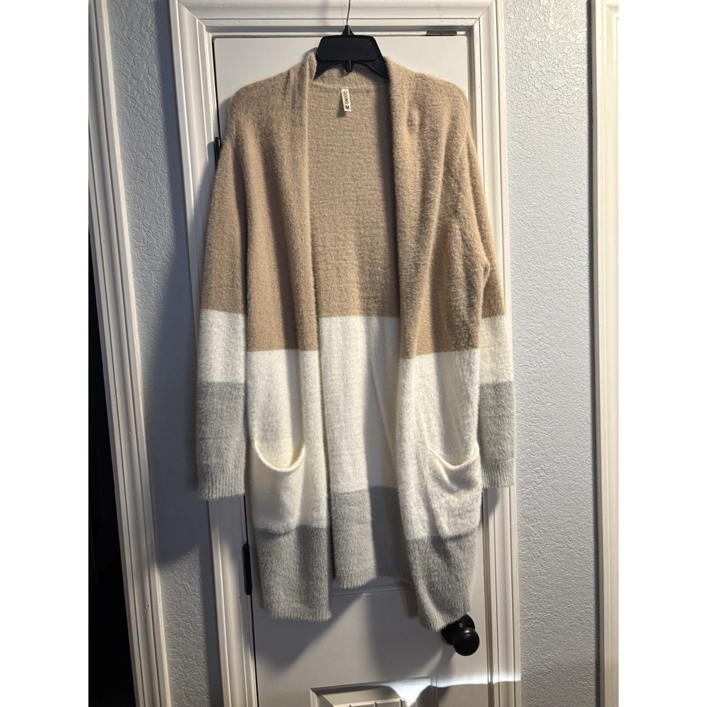 Qixing Fuzzy Colorblock Cardigan Womens Medium Long Open Front Cozy Soft Sweater